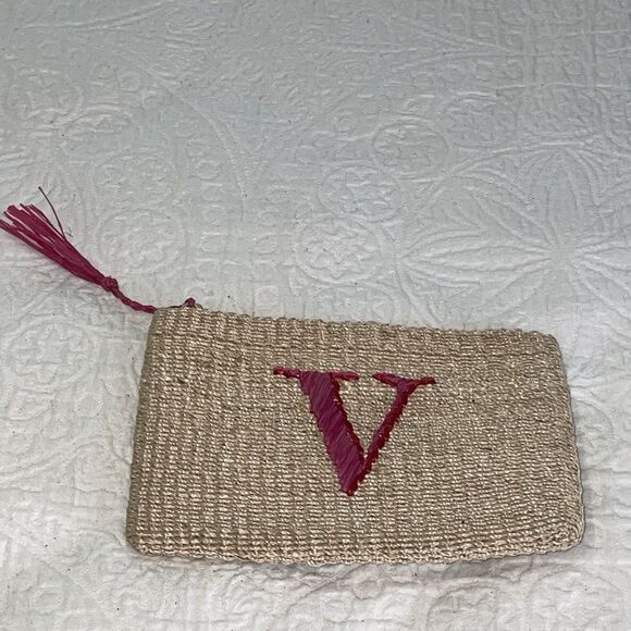 Jack Rogers Woven Clutch Pouch Tan Pink Red‎ V Initial - Picture 1 of 8